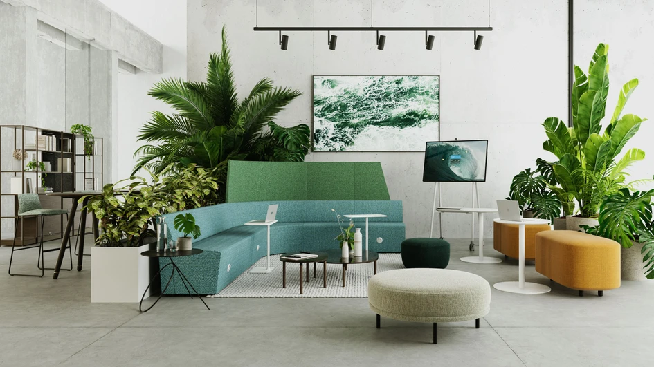 The Project Room (top) provides space for creative work, hybrid meetings, brainstorming or prototyping, while the Lounge Space (bottom) is suitable for daily stand-up or unplanned meetings or for just simply chatting with colleagues