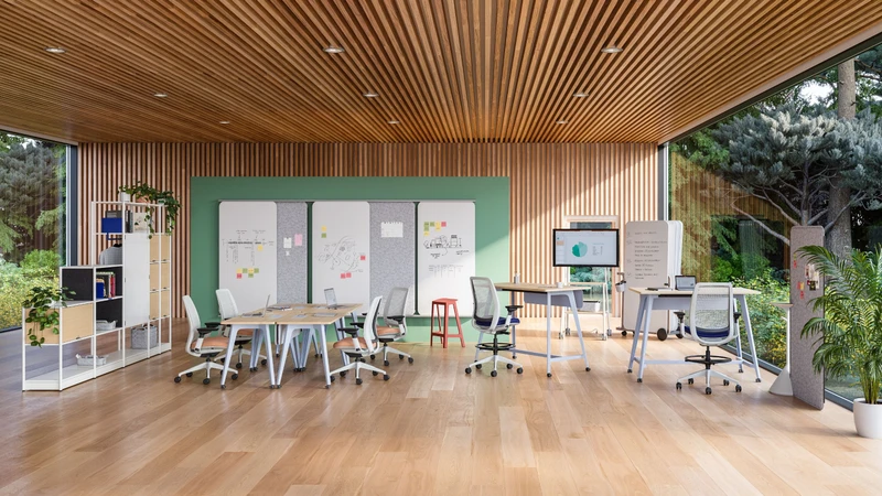 Lares desks and benches are high-performance workstations for individuals and teams. They can be personalised with four different top access options or a Divisio screen for more privacy (top)