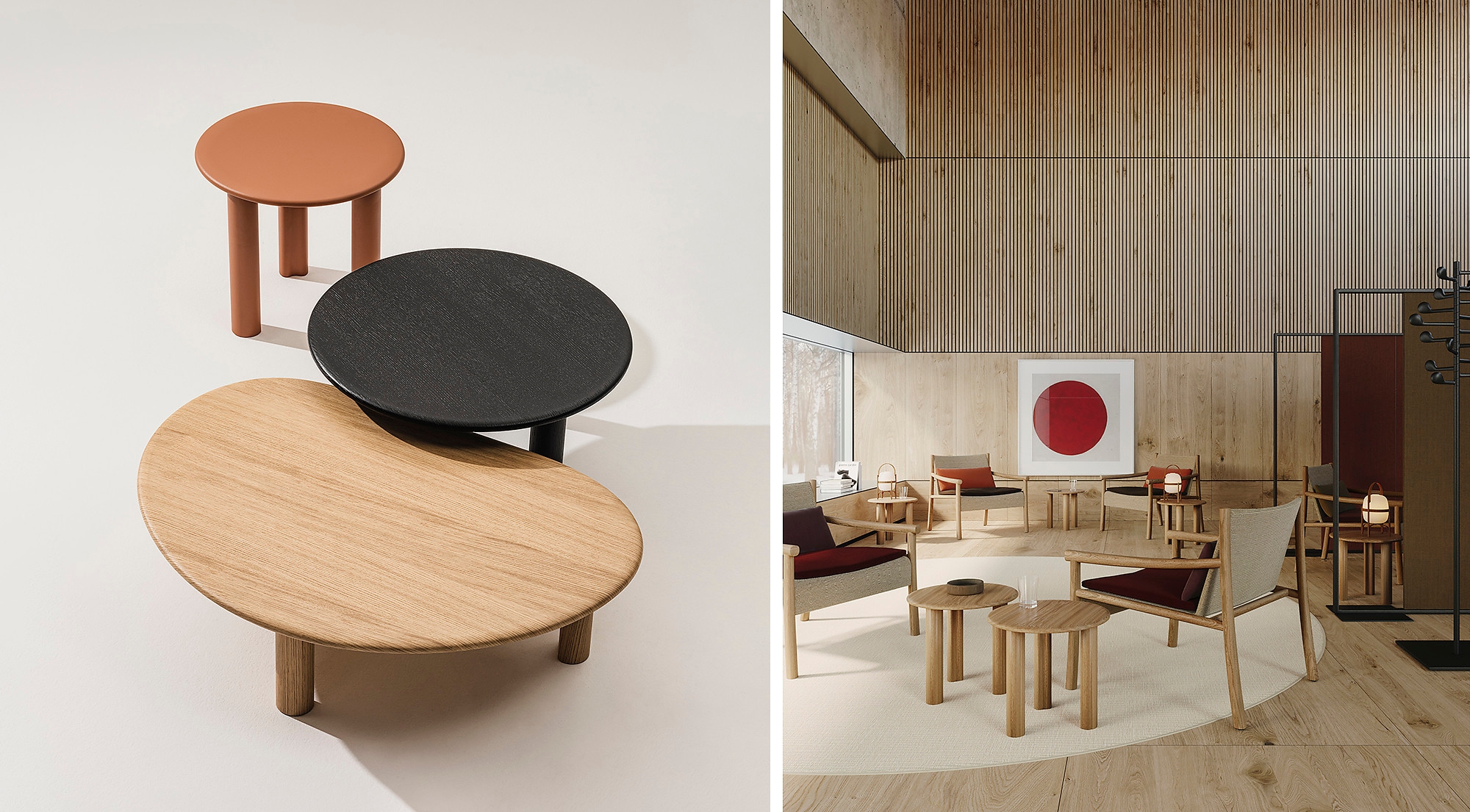 Barcelona-based studio Altherr Désile Park prioritised versatility with their Ghia table system. Available in two shapes, three heights and a multitude of natural materials, it can make a fitting constellation for any space