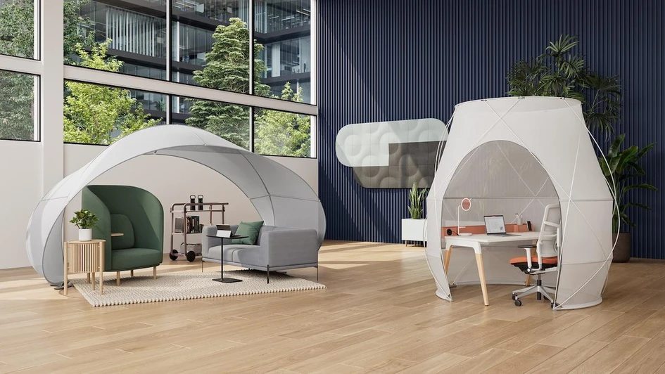 Work Tents from Steelcase take the pop-up architecture concept and bring it into the office, transforming comfortable connective spaces into focused isolation booths without the need for pegs