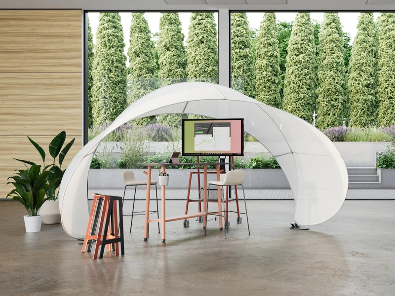 BVN New York’s re-ply initiative’s legacy is recycled pop-up workplaces (top) and Steelcase’s Work Tents (middle, bottom) cover task furniture to make semi-private but still open and light spaces