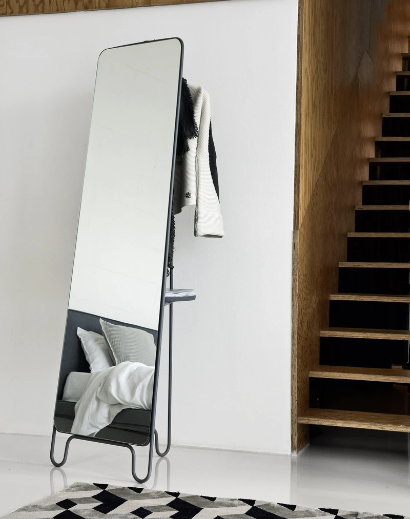 The wall-leaning TATI mirror from ASPLUND (top), Deknudt Mirrors’ multi-angled wall mirror Luna (middle) and Gervasoni’s free-standing LC 198 mirror with dressing storage (bottom)