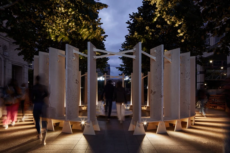 150 million-year-old Jurassic limestone monoliths circle around Canary Wharf’s latest public space, with the changing lighting effects of a modern-day henge. Photos: Mark Cocksedge