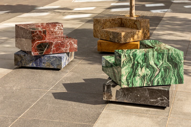 Sabine Marcelis’ natural stone public seating collection, Swivel, brings a touch of colour and joyful movement to the grey surroundings of St. Giles Square. Photo: Ed Reeve