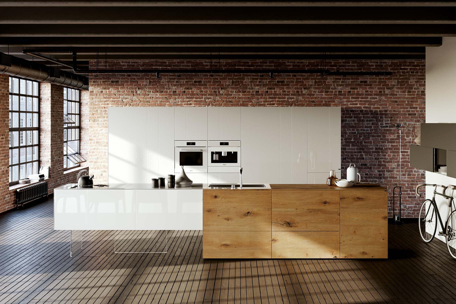 The Wildwood kitchen from LAGO forms material contrasts with 100-year-old oak worktop and cabinetry