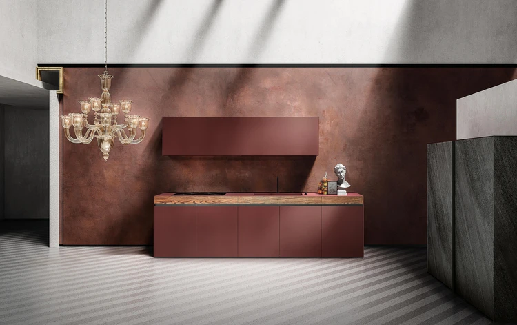 Euromobil’s Sei series contrasts colour, texture and material with laminate kitchen worktops and surfaces