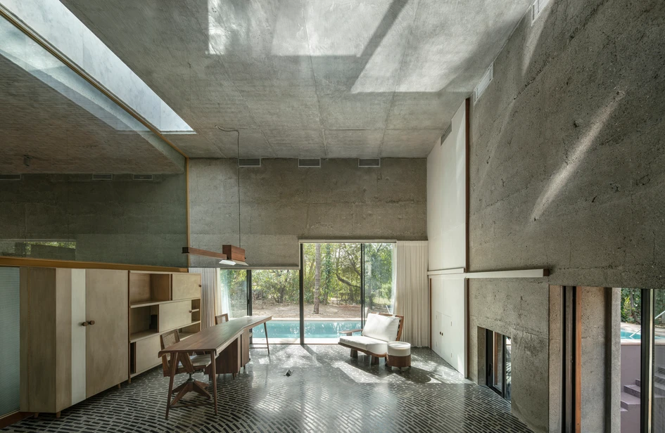Considerately positioned to reduce tree felling (top), Samira Rathod Design Atelier’s house experiments with concrete walls and floors (middle) and playful light (bottom). Photos: Niveditaa Gupta