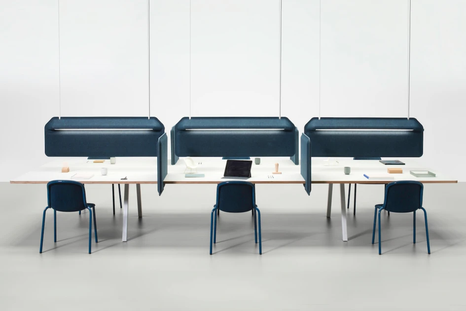 De Vorm’s acoustic felt dividing panels hide an LED light strip inside them, keeping well-lit desktops clear from clutter