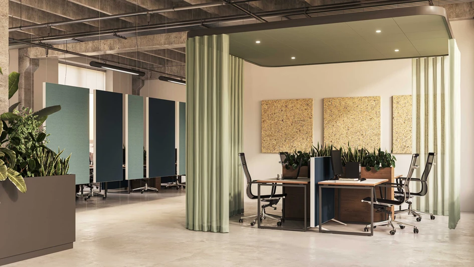 Rockfon’s latest products extend beyond soundproofing to become functioning parts of a building’s interior, whether as screens and artwork (Canva), or internal partitioning in the form of Rockfon Hub (pictured on the right)