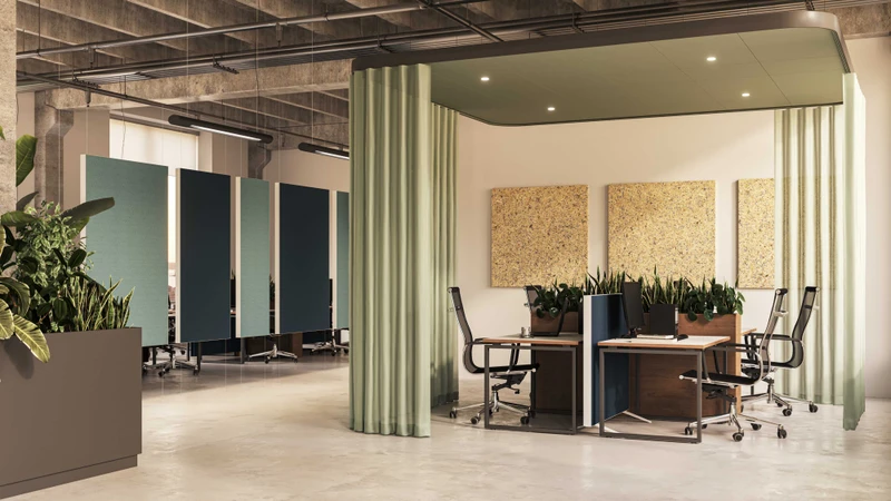 Rockfon’s latest products extend beyond soundproofing to become functioning parts of a building’s interior, whether as screens and artwork (Canva), or internal partitioning in the form of Rockfon Hub (pictured on the right)