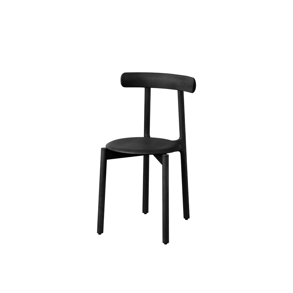 Top: Bice, in natural ash, is suitable for minimal interiors. Above: In strongly contrasting stained black, Bice recalls classic, 20th-century bistro chairs – one inspiration behind it