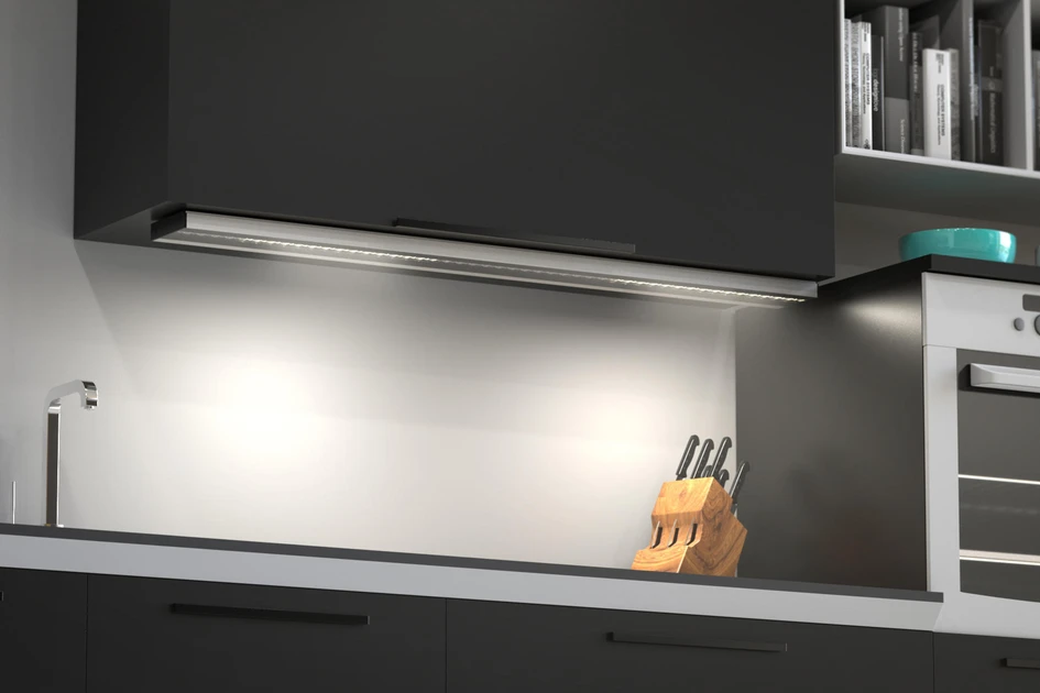 Fixed additional lighting components such as Dynamic LED Squash lights from Hera (top) and AREA under-cabinet lamps from Holy Trinity (bottom) are simple to install and operate