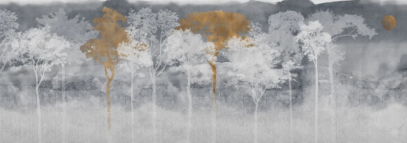 The elegant and biophilic Japan Forest design on the metallic finish wallpaper, pictured here in a calm home office interior