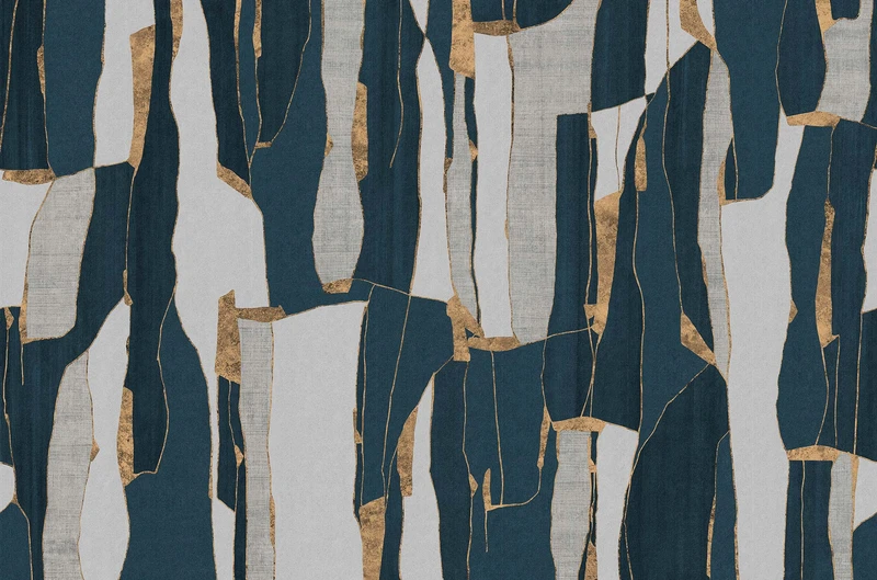 The abstract Kintsugi wallpaper pattern brings subtle drama to interior spaces, available in black, blue and sage with gold highlights