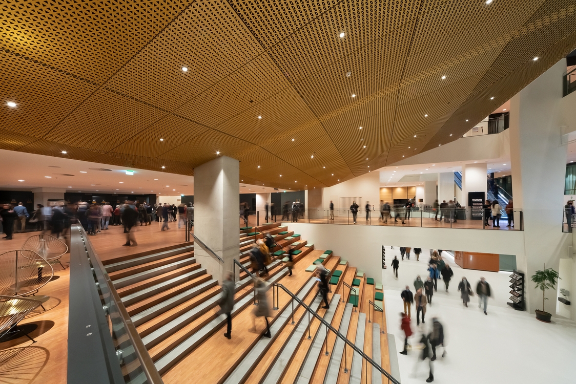 The Amare’s concrete-finished Concert Hall (top), Dance Theatre with moveable black walls (middle) and huge multi-level foyer with a perforated gold-coloured ceiling (bottom). Photos: Katja Effting