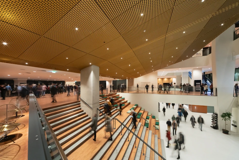 The Amare’s concrete-finished Concert Hall (top), Dance Theatre with moveable black walls (middle) and huge multi-level foyer with a perforated gold-coloured ceiling (bottom). Photos: Katja Effting