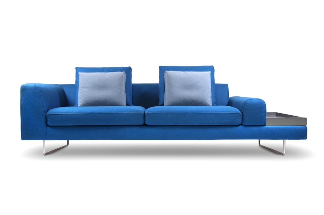 Sofa ranges with integrated side tables like Poliform’s Mondrian system (top) or Moya’s Lost collection (bottom) keep accompanying items like drinks and books within reach