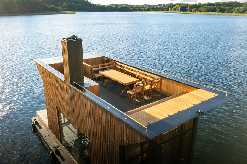 The Big Branzino Sauna gives visitors the opportunity to sweat it up while floating around the Stockholm archipelago, then relax with an on-ship shower and lounge up on deck. Photos: Filip Gränström