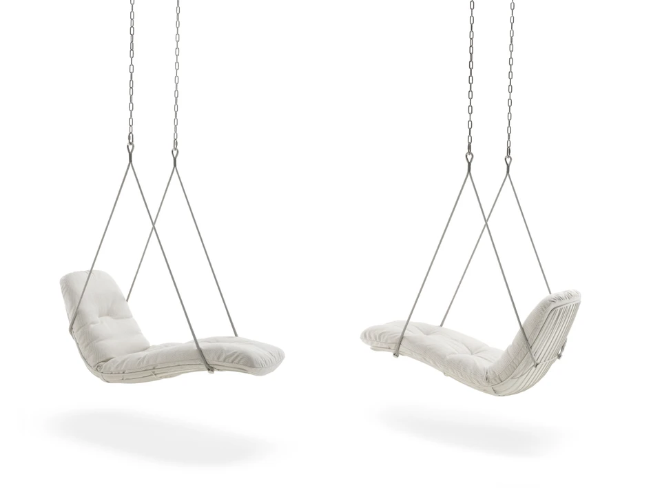 Leyasols aktualisierte Kollektion umfasst schaukelnde Schwingelemente mit natürlichen Formen, weichen Kissen und nostalgischem Charme