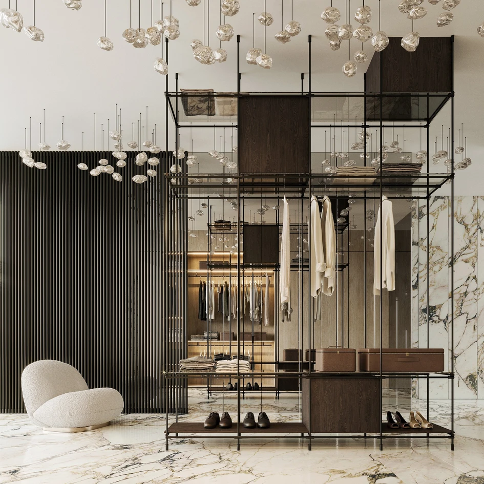 Durch die Kombination von Messing und Stahl bietet Modulation N° 16 langlebige, anpassungsfähige Lösungen für das Gastgewerbe, den Einzelhandel und den Wohnbereich