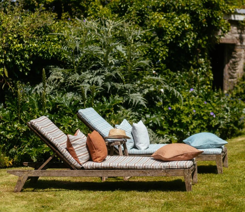 ‘Hippy’ from the new Fabric Collection (above) and Sketch and Stripes from the Indoor-Outdoor Collection (below) feature soft tones that seamlessly fit into any space and style