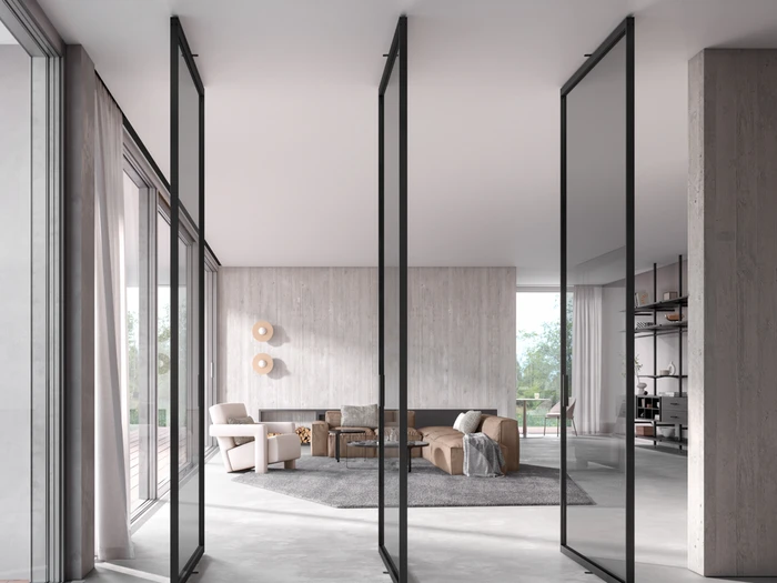 Erfahre mehr über die Geschichte Der Drehpunkt für fliessende Raumübergänge: Pivottüren von Raumplus