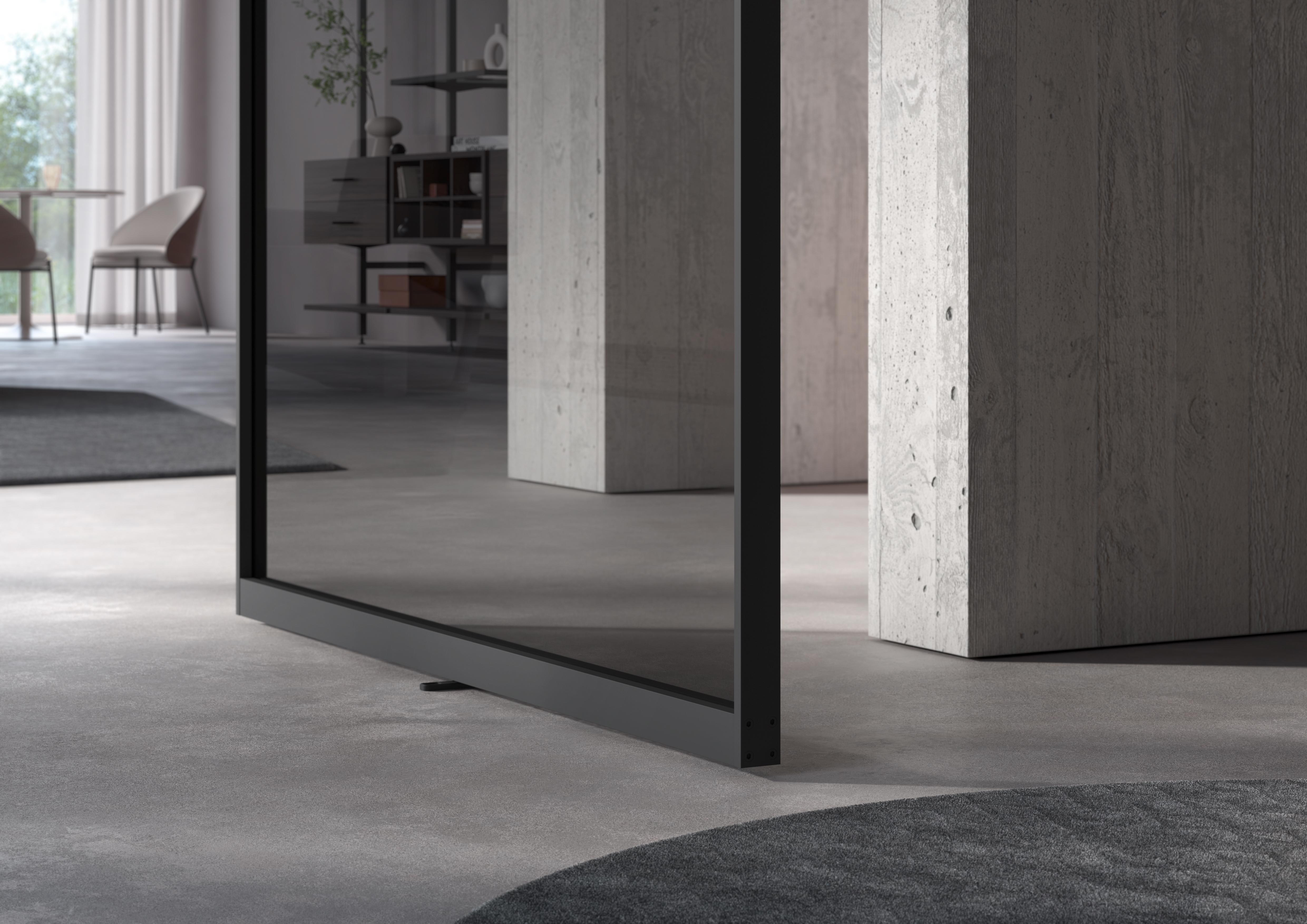 The S1200 pivot door by Raumplus stands out as a refined design feature, embodying elegance and minimalist sophistication