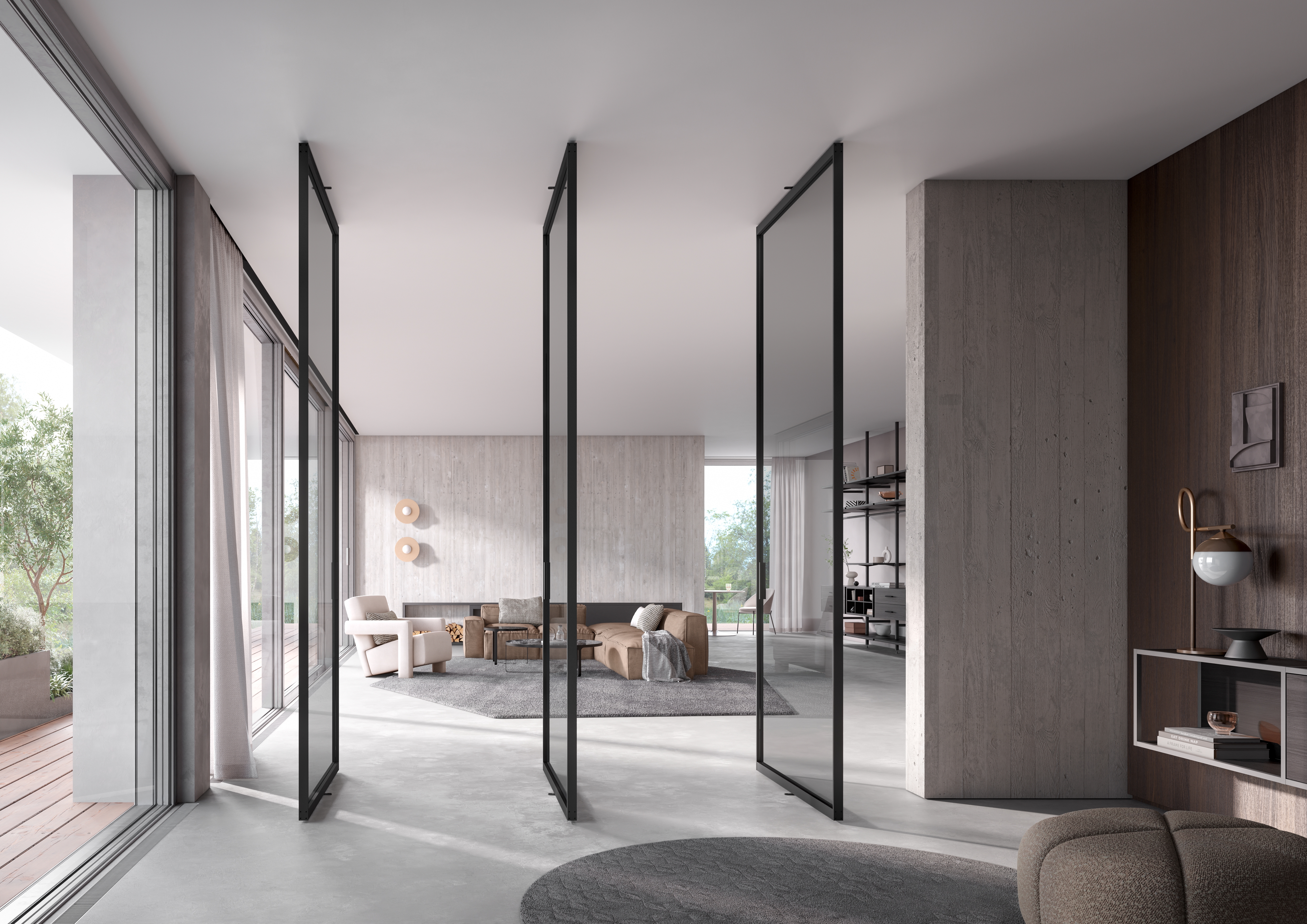 Transparent pivot doors enable seamless room transitions, fostering flexibility and openness in interior design