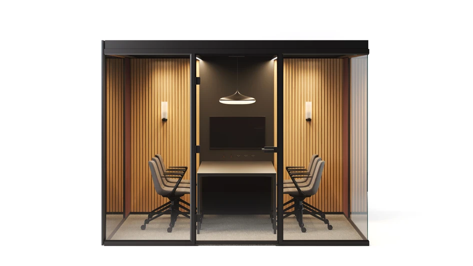 Available in four sizes, from one-person to six-person spaces, the Eden pods feature wood, glass, upholstery and biophilic dried or faux greenery