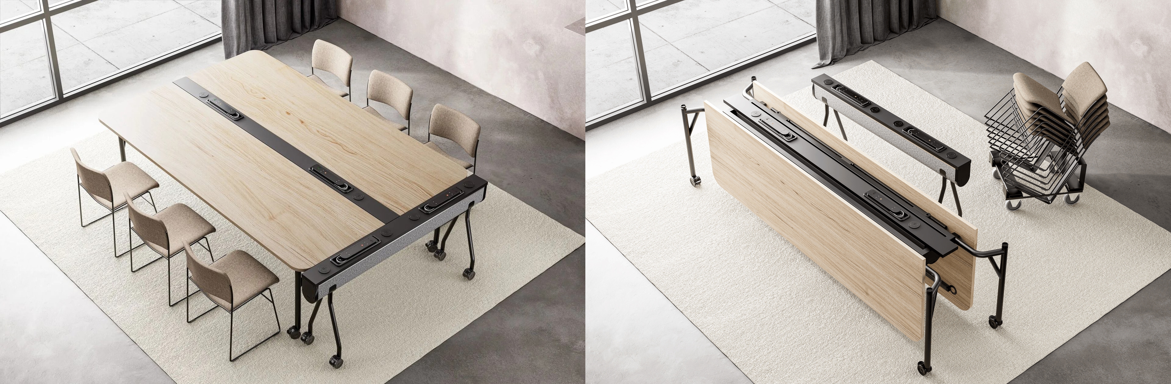 The Folding Surfaces collection features mobile, double-folding workbenches with integrated power options or portable power units
