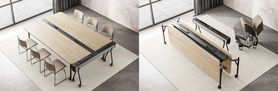 The Folding Surfaces collection features mobile, double-folding workbenches with integrated power options or portable power units