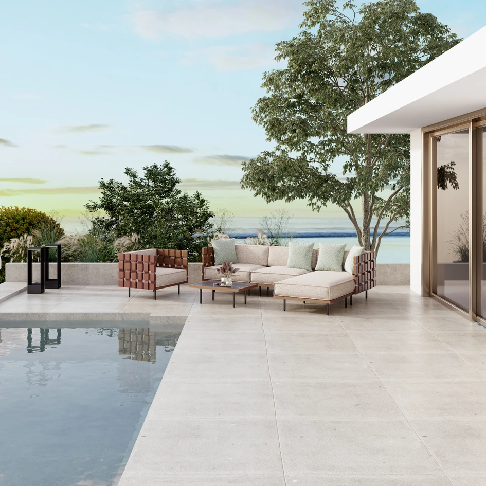 FUREMA, featured in the 'Sumba' (above) and 'Piano' (below) collections, mimics the look and feel of teak wood, offering the same qualities and other advantages