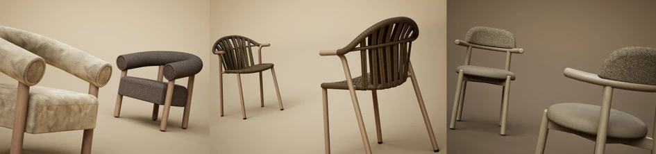 Studio Satelliet’s Wessel Storms, Chris Montijn-Spiering and Gijs van Essen (from left to right) bring together character and comfort in their designs Noodle, Yup and Mila chairs (from left to right)