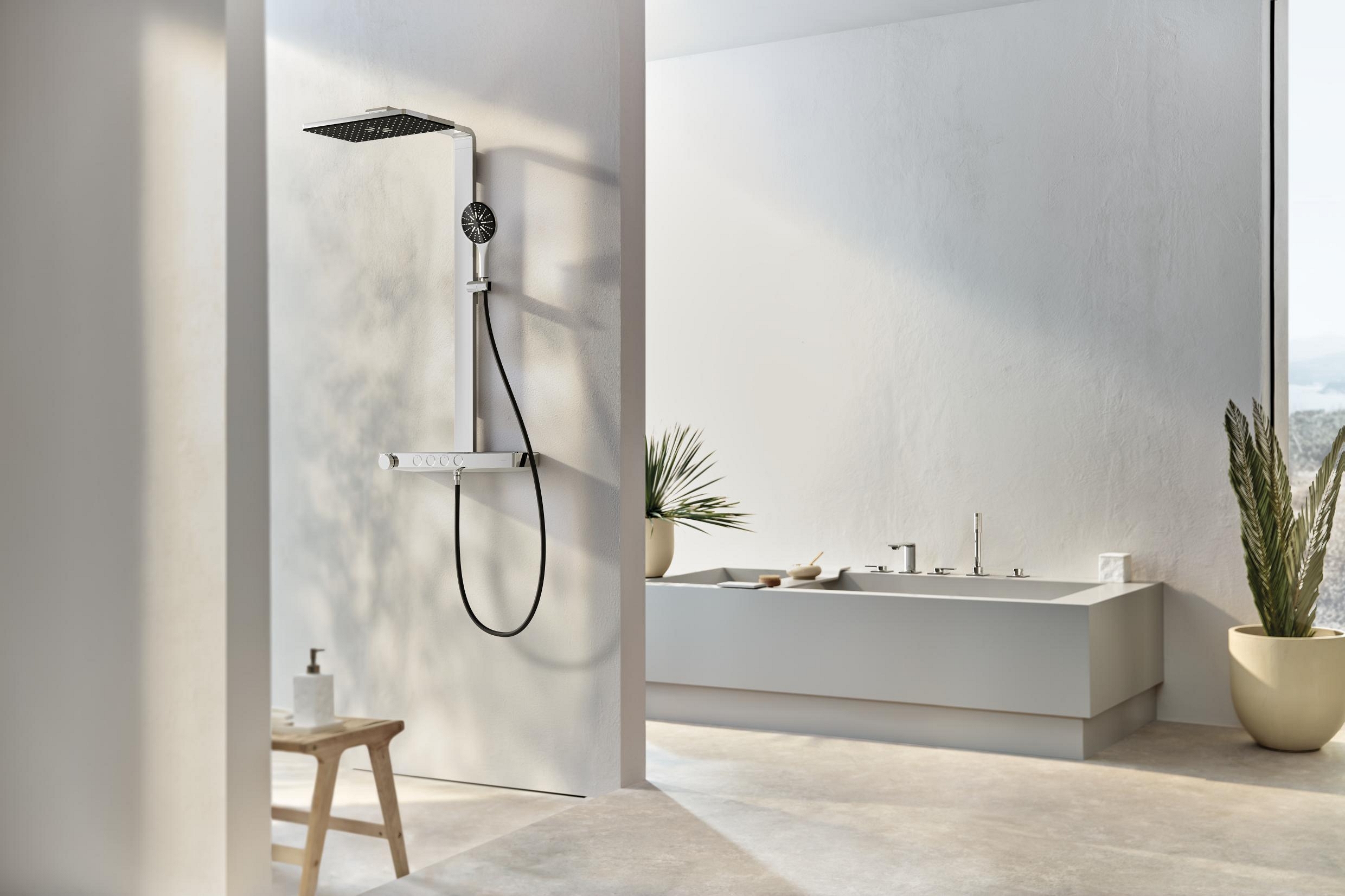 GROHE Rainshower Aqua Pure delivers a spa-like experience with its seamlessly integrated filter that leaves the hand shower water incredibly gentle on skin and hair, and its extra-large rain showerhead offering multiple soothing spray modes