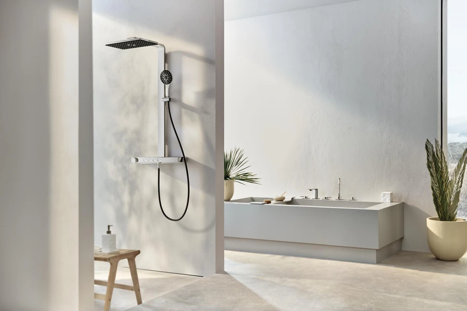GROHE Rainshower Aqua Pure delivers a spa-like experience with its seamlessly integrated filter that leaves the hand shower water incredibly gentle on skin and hair, and its extra-large rain showerhead offering multiple soothing spray modes