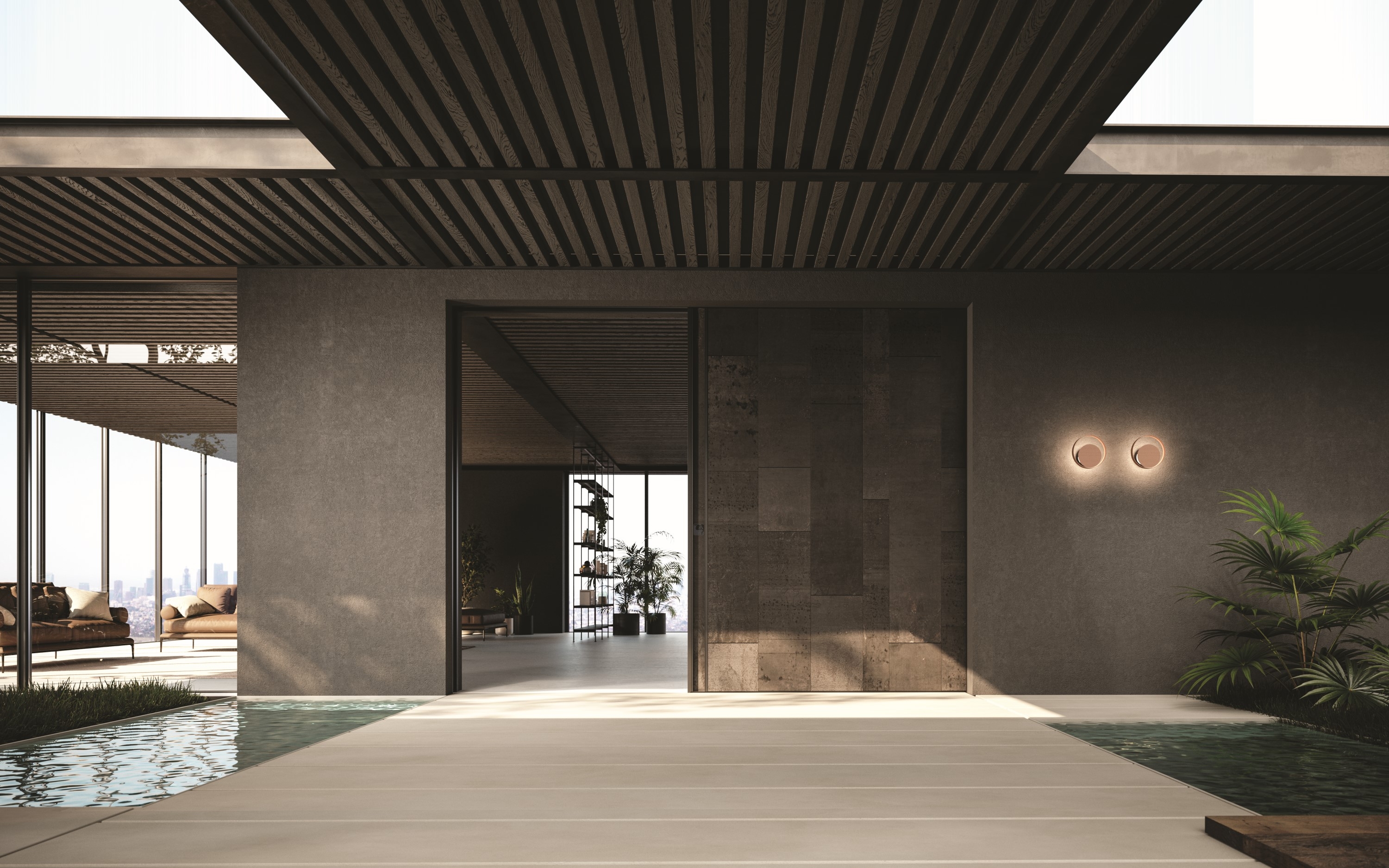 Oikos Venezia’s Vela sliding door system offers a minimalist, refined entrance, accessible via PIN, Oikos Card or fingerprint