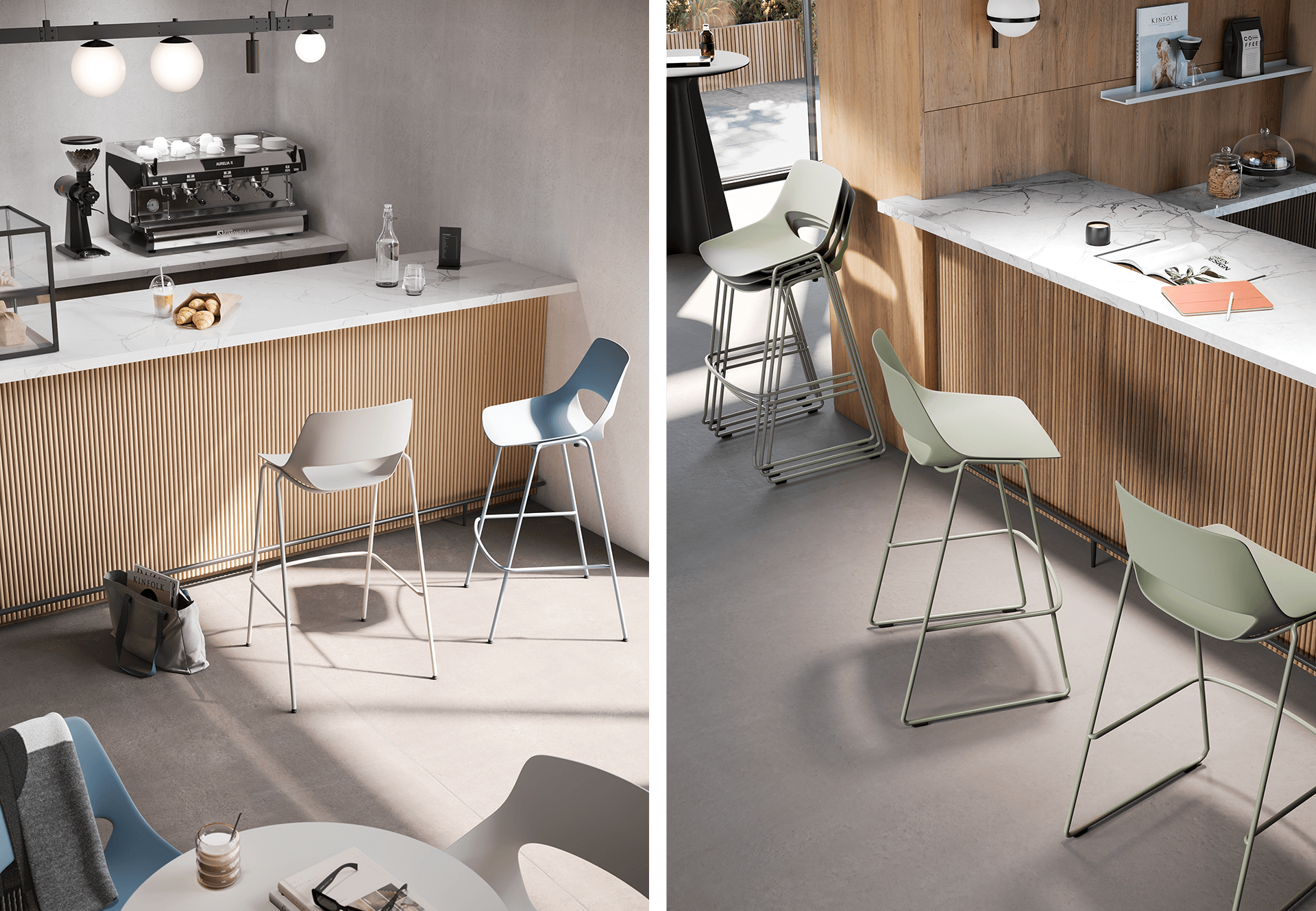 Characterised by a tubular steel frame, scoop bar is offered without armrests and with seat upholstery, available in both four-legged and sled base versions