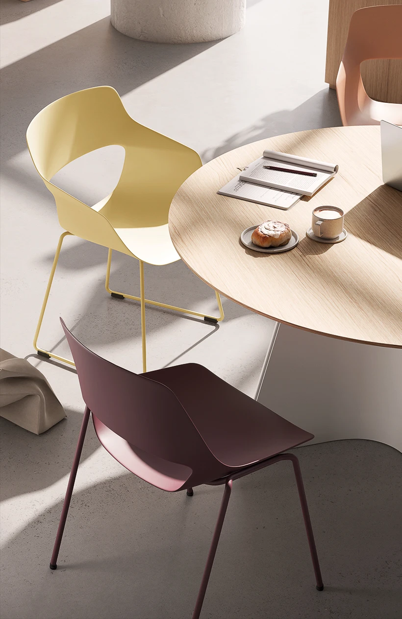 The challenge of designing a chair family where each piece has its own distinct design, yet remains connected, was met with the scoop series