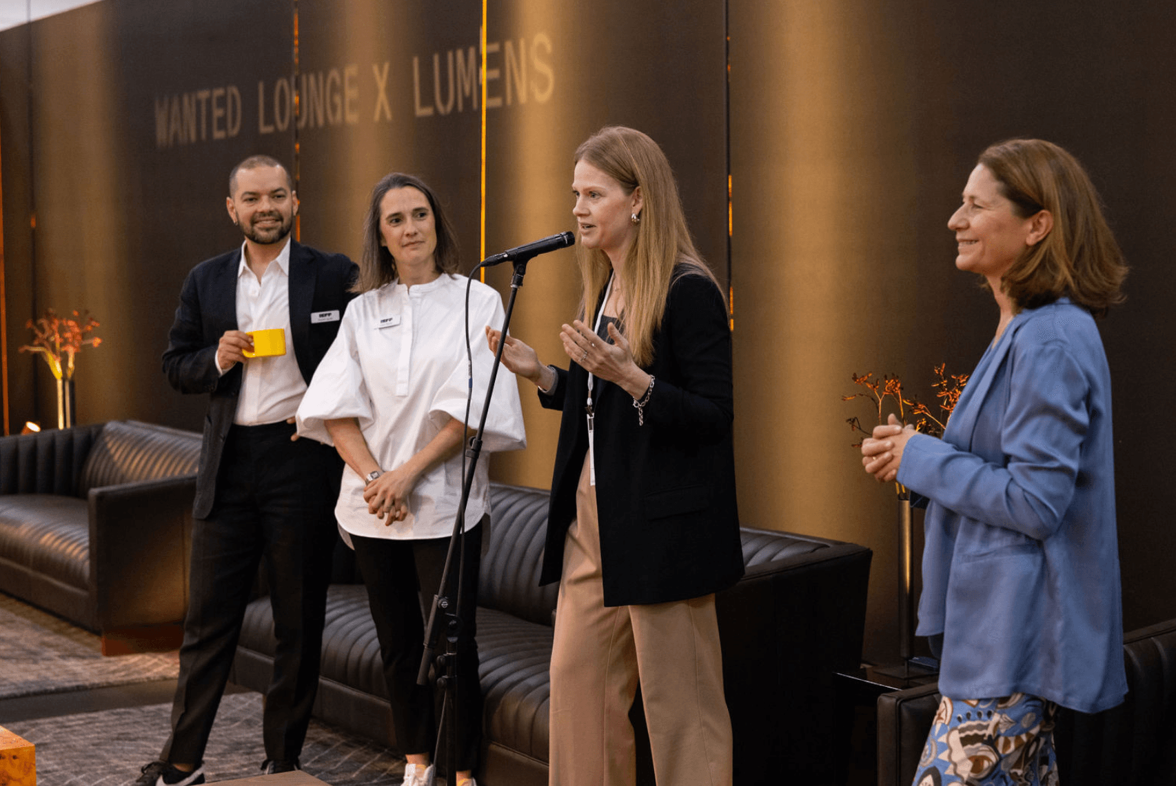 Opening remarks for ICFF 2024. From left to right, Rodolfo Agrella, RADS, Claire Pijoulat, ICFF, Laura Walsh, Lumens, Odile Hainaut, ICFF. Photo: Jenna Bascom