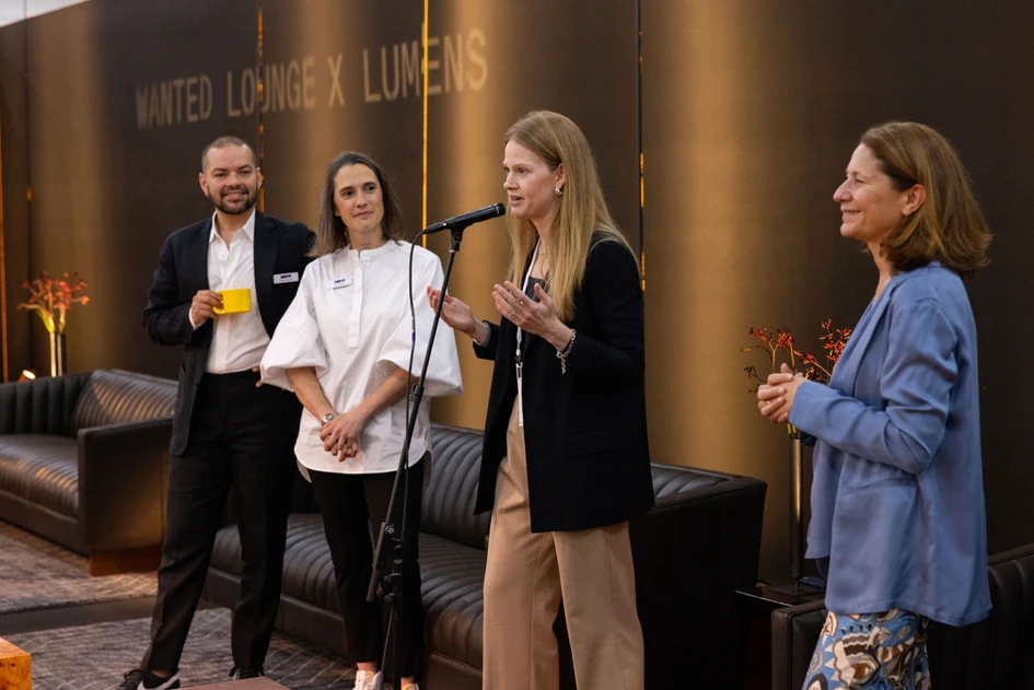 Opening remarks for ICFF 2024. From left to right, Rodolfo Agrella, RADS, Claire Pijoulat, ICFF, Laura Walsh, Lumens, Odile Hainaut, ICFF. Photo: Jenna Bascom