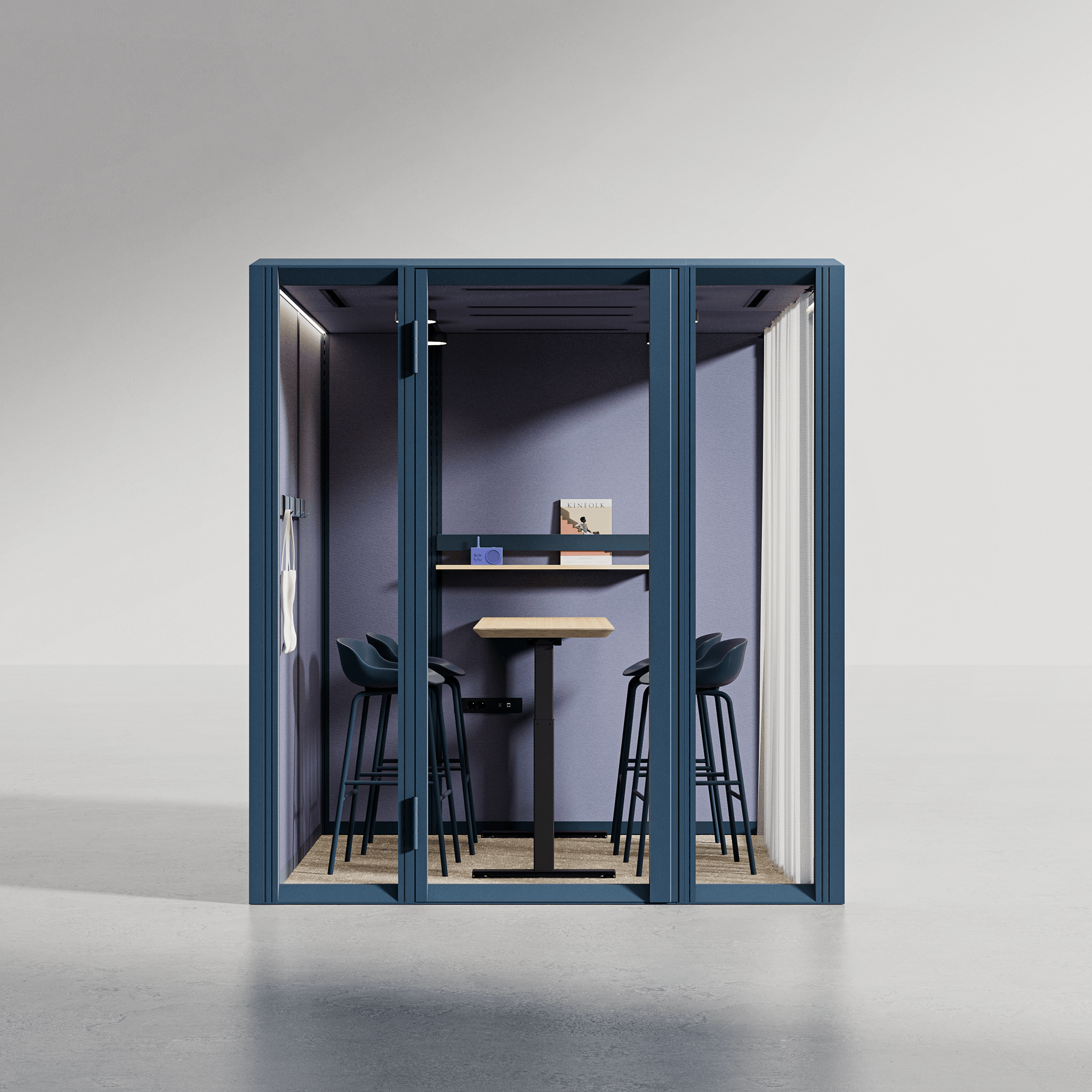 Each wall module can be configured as solid, transparent or semi-transparent — giving clients full control over the pod’s wall layout