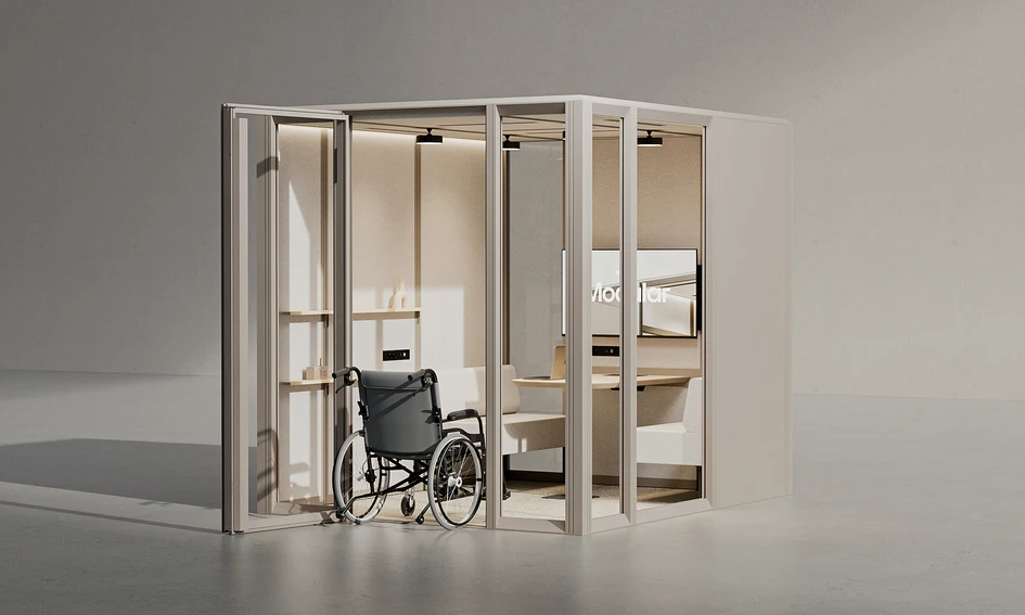 User can choose from a variety of wall types and configure their layout. Barrier-free access and a set of inclusive solutions are also applied throughout the entire pod system