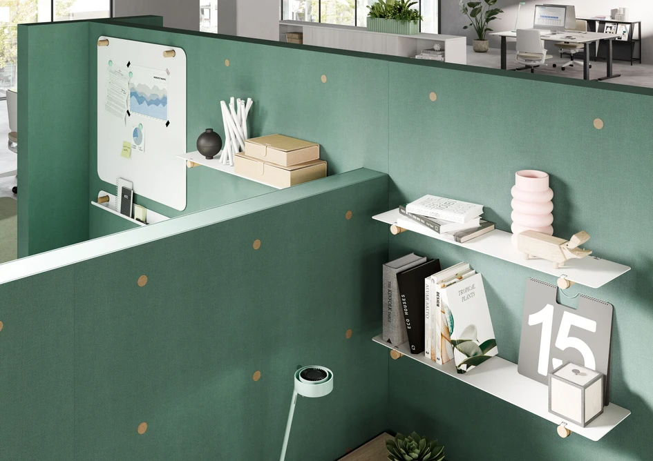 CLAMP's ‘stick & load’ principle allows shelves, boards, trays or plants to be integrated into the surfaces, so that the system not only creates structure but also functional added value.