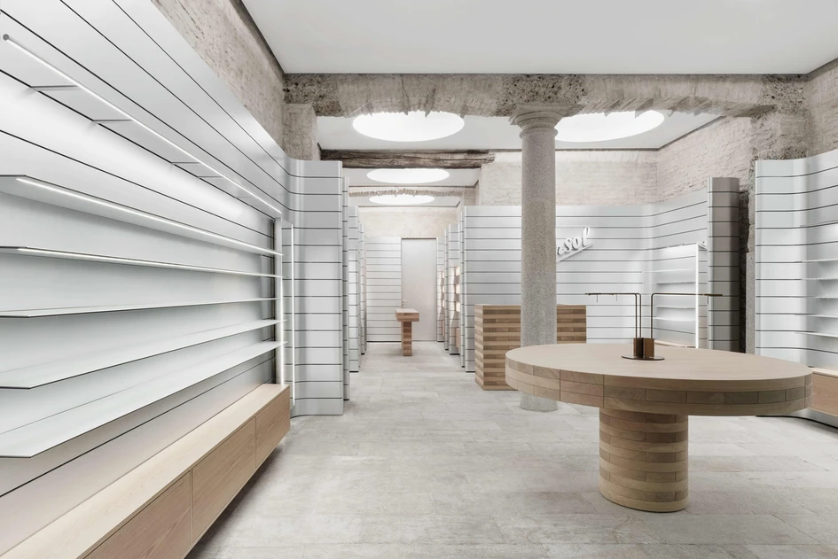Persol’s concept store combines archaeological architecture with contemporary minimalism, referencing the brand’s authentic position between tradition and modernity. Photos: Gerhardt Kellermann