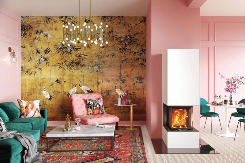 Corner wood-burning fires like those from Austroflamm present a mesmerising dance of flames to various different angles