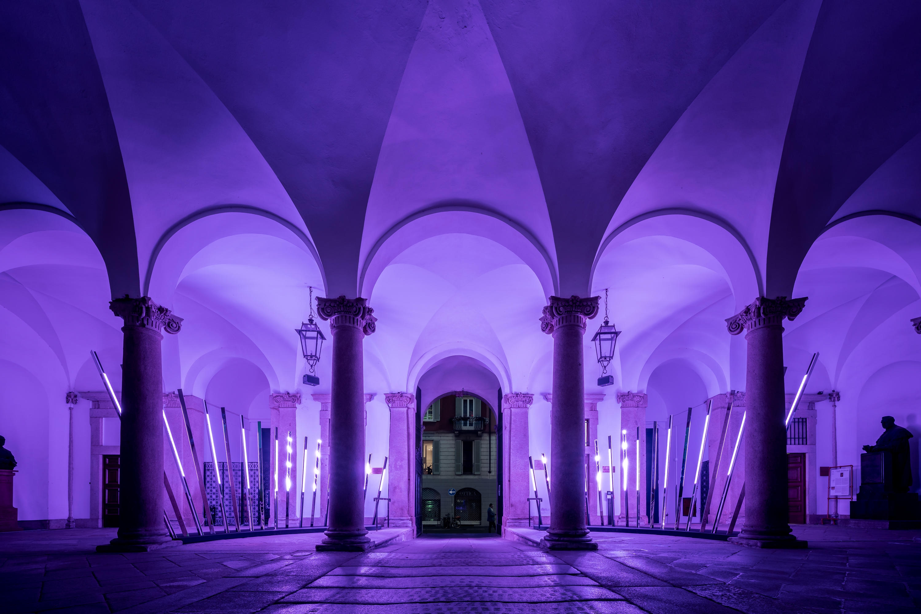 The Transsensorial Gateway uses sensors to create a unique choreography of light and sound, reacting to the presence of visitors at the 17th-century portico in Milan, Italy. Photo: Alex Filz