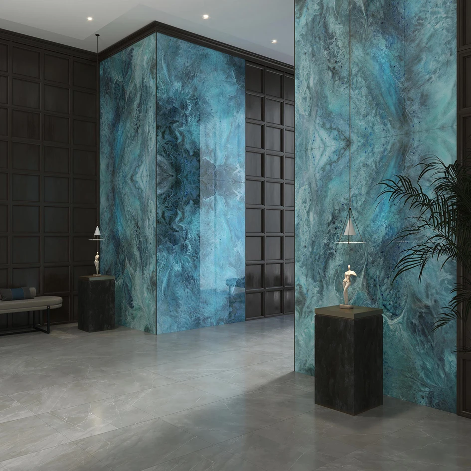 Waterproof panels in laminated glass like Durness 1 from TECNOGRAFICA bring bespoke imagery with a smooth, seamless finish, perfect for use as a kitchen backsplash