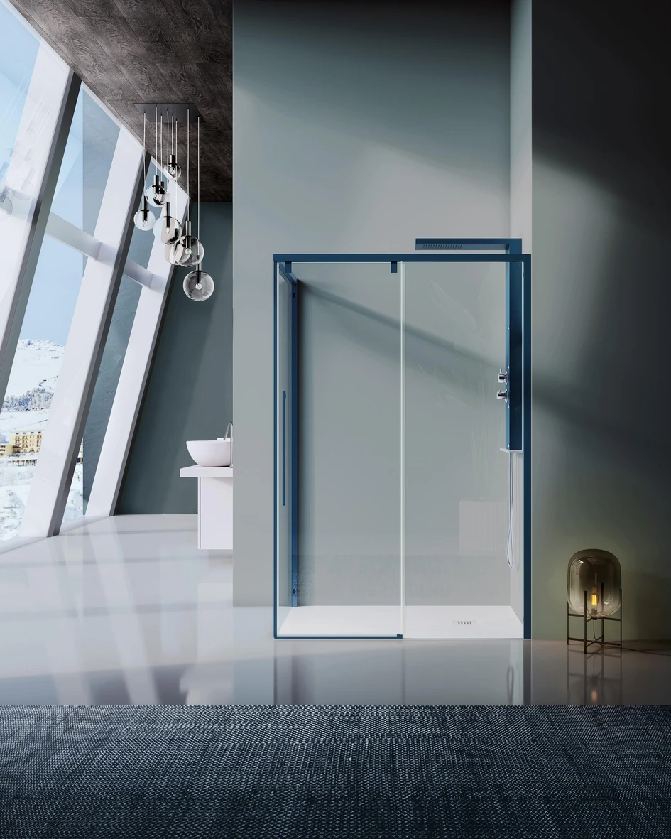 Duscholux’s frameless Air panel with glass anchors (top) and both Ideagroup’s black-framed shower screen (middle) and Samo’s blue-framed shower enclosure (bottom) match partnering fixtures