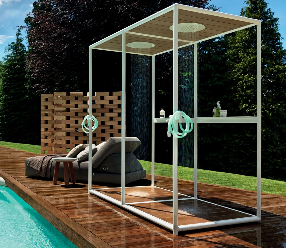 PCA’s B05 Hinged Shower Cabin turns an alcove into a cosy shower space (top), Samo’s Open Screen has dual entry points (middle) and Kos’ Wazebo shower can go inside or out (bottom)