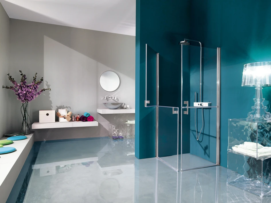 Claire Design Pivot door shower from Inda has a wide entry point (top), Samo’s Flex shower has thin in-folding concertina doors (middle) and Samo’s Alter shower door splits in two (bottom)